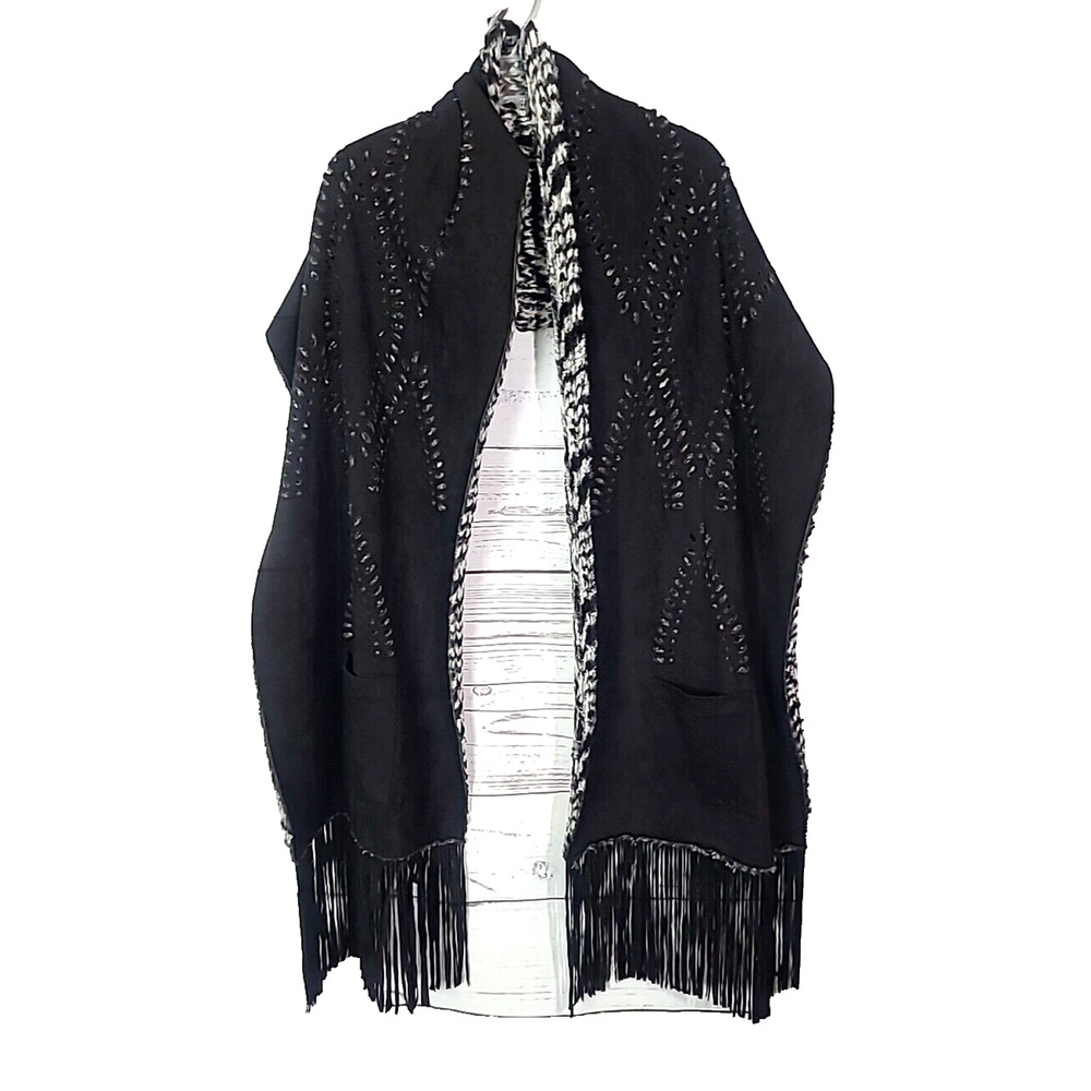 Alberto Makali Black Cut-Out Reversible Pockets Fringe Scarf Womans‎ One Size